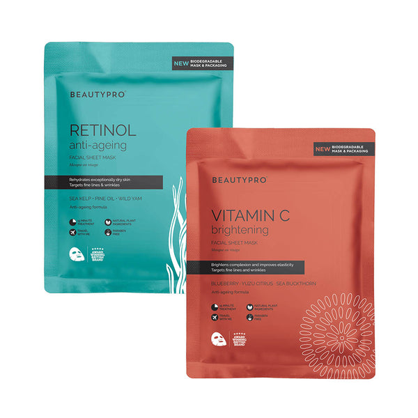 A red and blue facial sheet mask set
