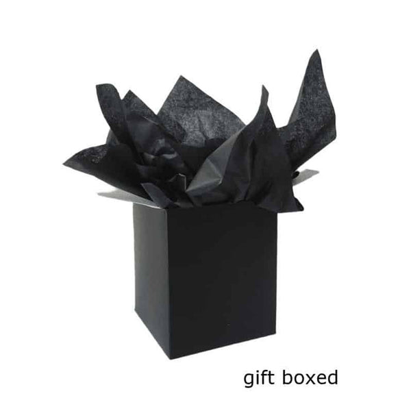 A black gift box which has been opened to reveal black tissue inside