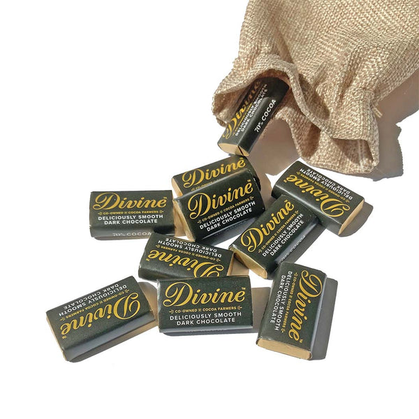 Ten dark chocolate mini bars falling out of a hessian bag