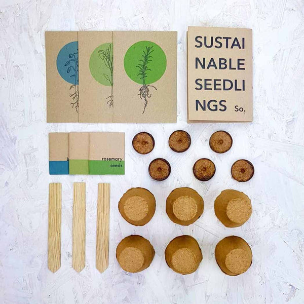 Coir pots, markers, peat, seeds and instructions inside the pack