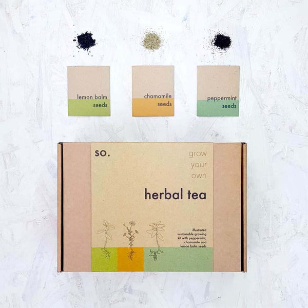 The packaging and seeds for a herbal tea garden grow kit