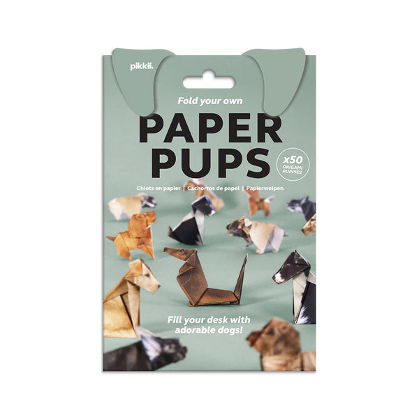 Packaging of paper pups origami set with 'pikkii' branding on a white background