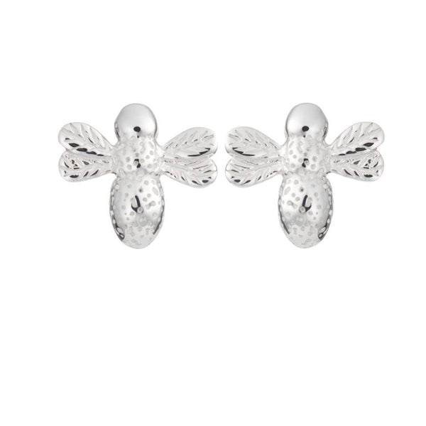 Two sterling silver bee stud earings on a white background