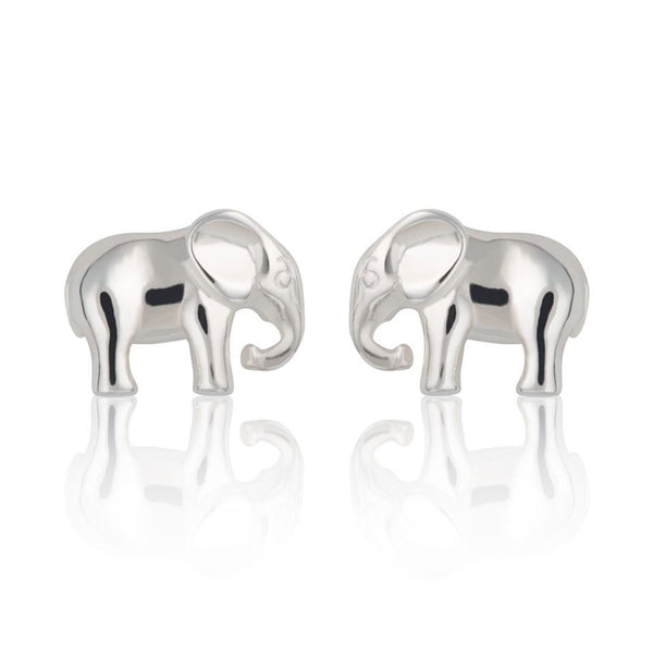 Two sterling silver elephant stud earings on a white background