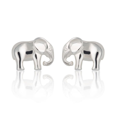 Two sterling silver elephant stud earings on a white background