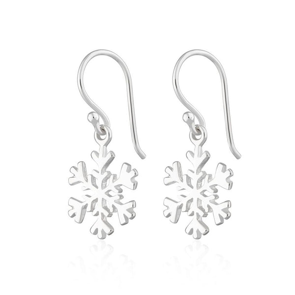 Two silver snowflake drop earrings on a white background