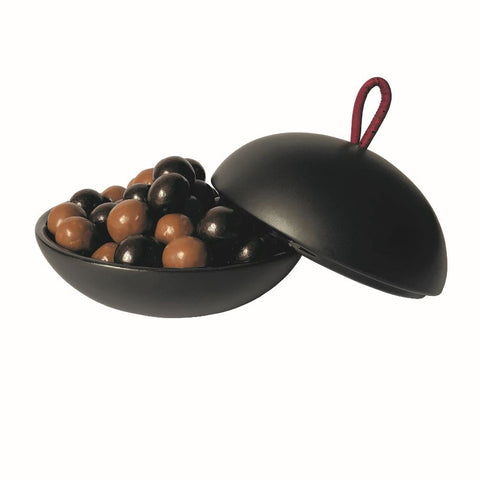 A black bonbonniere filled with loose chocolates