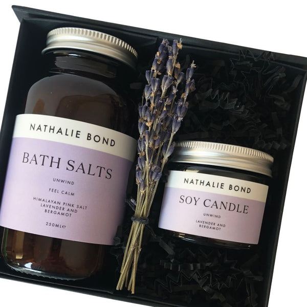 "Unwind" bath set - lavender & bergamot bath salts & candle