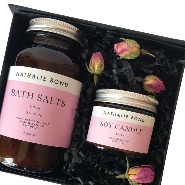 "Bloom" luxury bath gift set - floral bath salts & scented candle