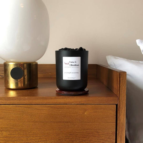 A volcanic potpourri on a bedside cabinet