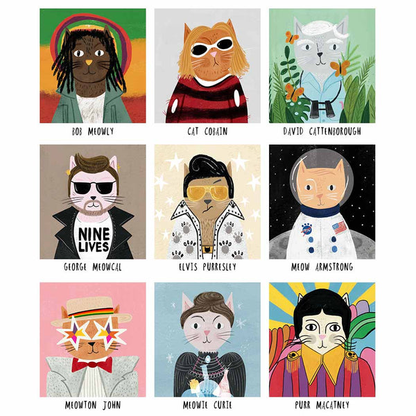 Illustrations of cats in various costumes with names underneath on a white background