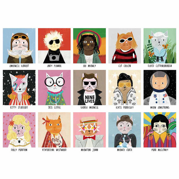 Colourful illustrations of cats in the style of famous people on a white background.