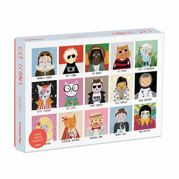 Jigsaw box featuring illustrations of celebrity cats in various styles and poses.