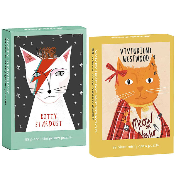 Two mini jigsaw puzzle boxes featuring illustrated cats with text on a white background.