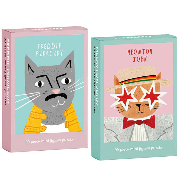 Two cat jigsaw puzzle boxes featuring illustrations of the legendary Freddie Mercury & Elton John