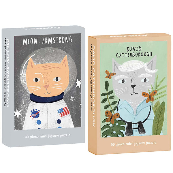 Mini jigsaw puzzle boxes featuring two cat pioneers on a white background.