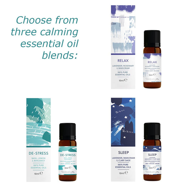 Three calming bottles of essential oil blends, with their packaging on a white background