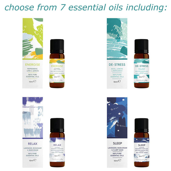 Collection of four essential oil bottles with labels for different scents on a white background.