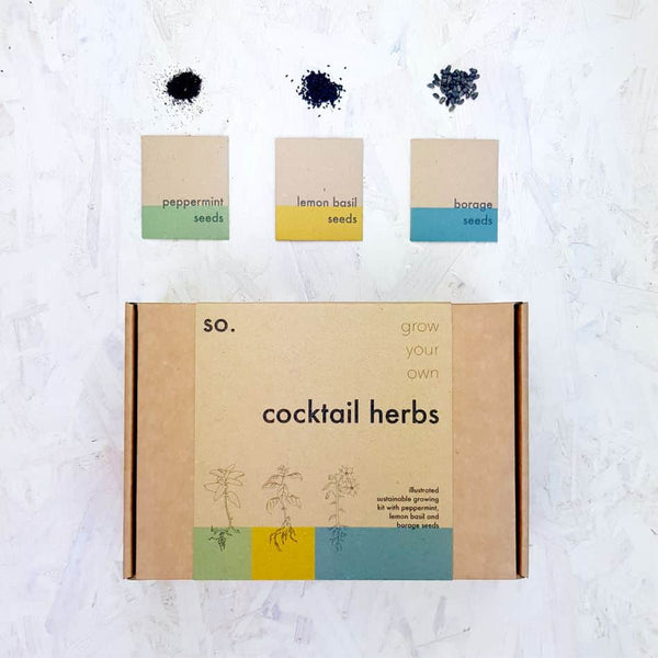 The packaging and seeds for a cocktail herb garden