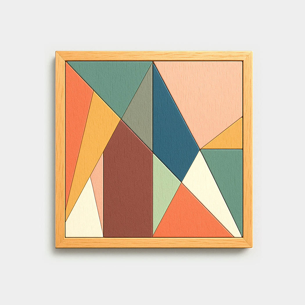 Colourful geometric wooden puzzle on a light grey background