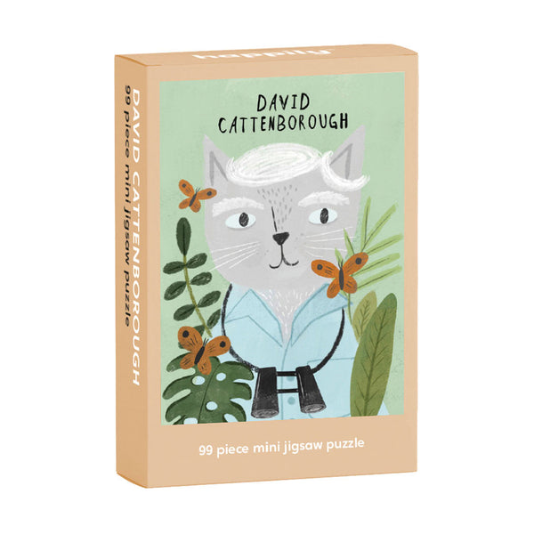 Jigsaw puzzle box with a cat illustration and 'David Cattenborough' branding on a beige background