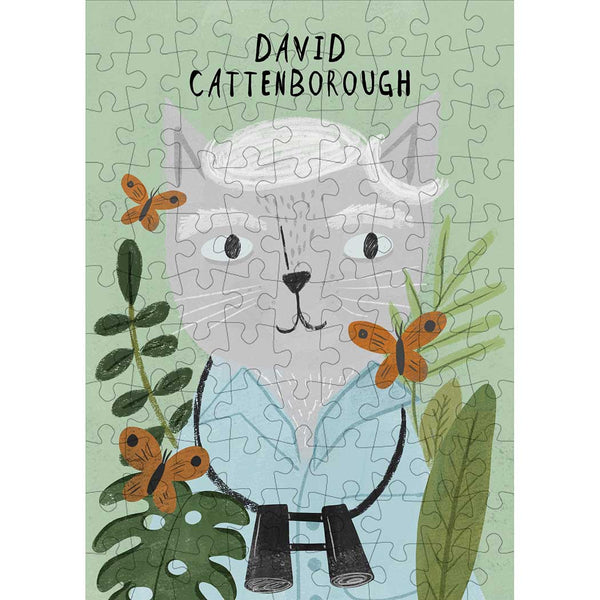Jigsaw puzzle with a cat illustration and butterflies on a green background, featuring the name David Cattenborough.