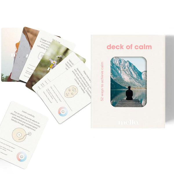 Deck of calm cards with written tips and its packaging, on a white background