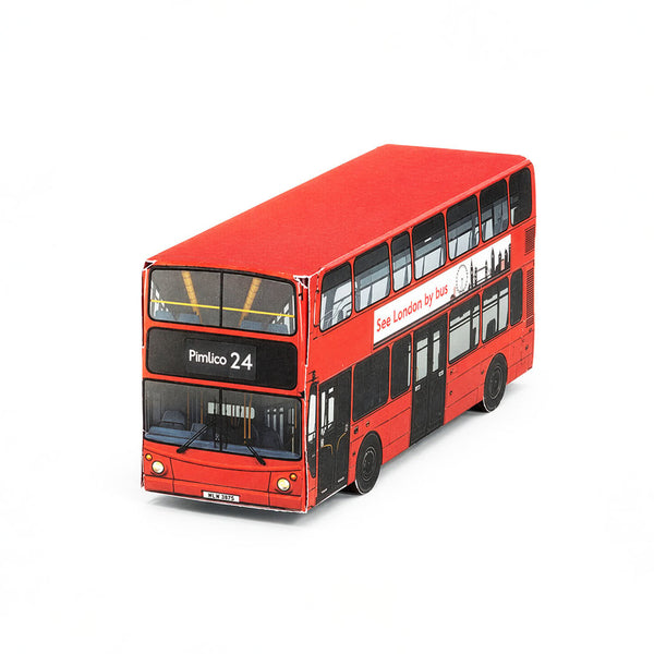 A fold-your-own red double decker bus