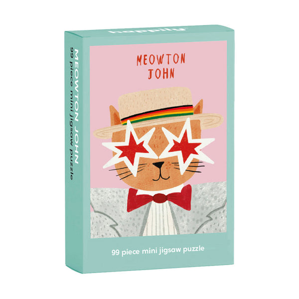 A pink and blue puzzle box featuring a cat illustration of Elton John.
