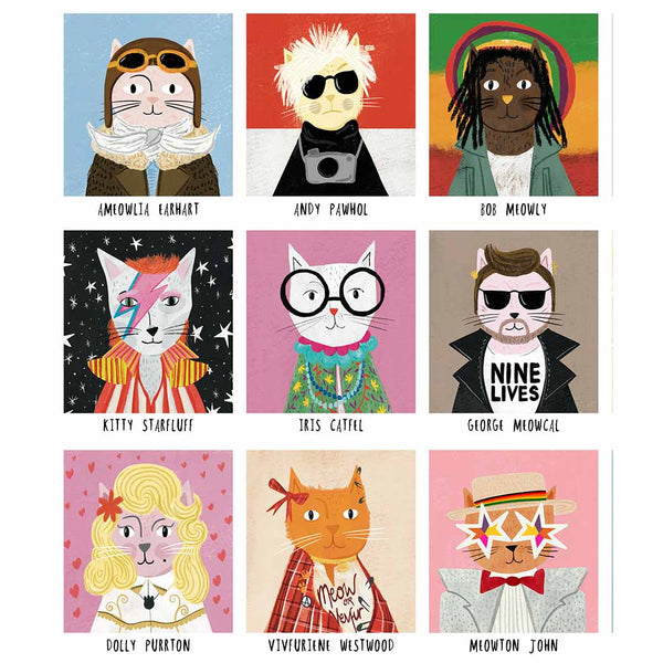 Close-up illustrations of cats styled like famous people with their names underneath.