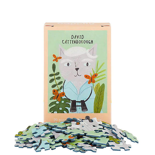 Puzzle box featuring a cat illustration and 'David Cattenborough' text with puzzle pieces underneath