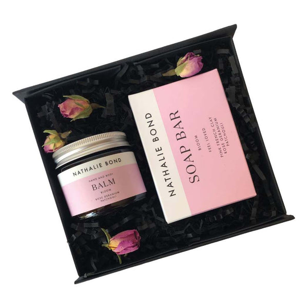 Hand cream and soap bar in a gift box