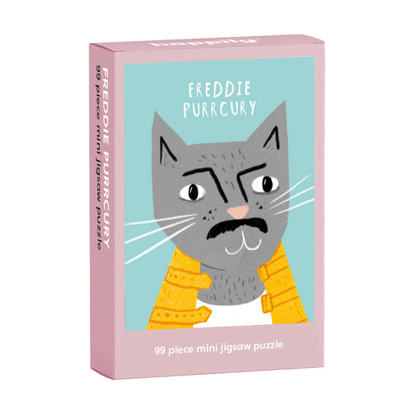 A pink and blue jigsaw box featuring Freddie Mercury as a cat