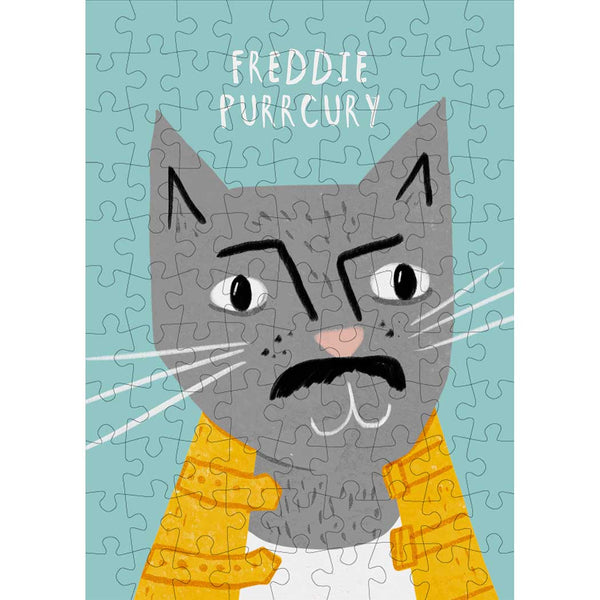 A blue, yellow and grey jigsaw featuring an illustration of "Freddie Purrcury"