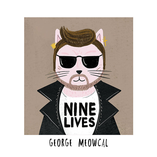 Illustration of a cat with sunglasses and a leather jacket wearing a shirt with 'NINE LIVES' text, on a beige background.
