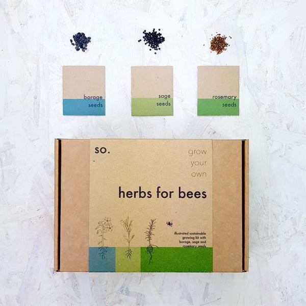 The packaging and seeds for a bee friendly herb garden
