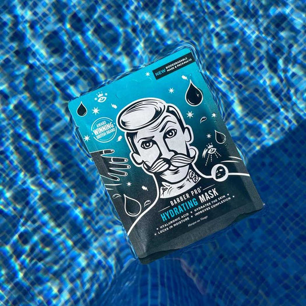 A hydrating facial sheet mask pouch floating in a swimming pool