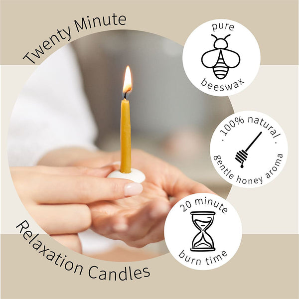 An infographic of the candle set stating the gift is made from pure beeswax, is 100% natural with a gentle honey aroma, and each candle has a 20 minute burn time.