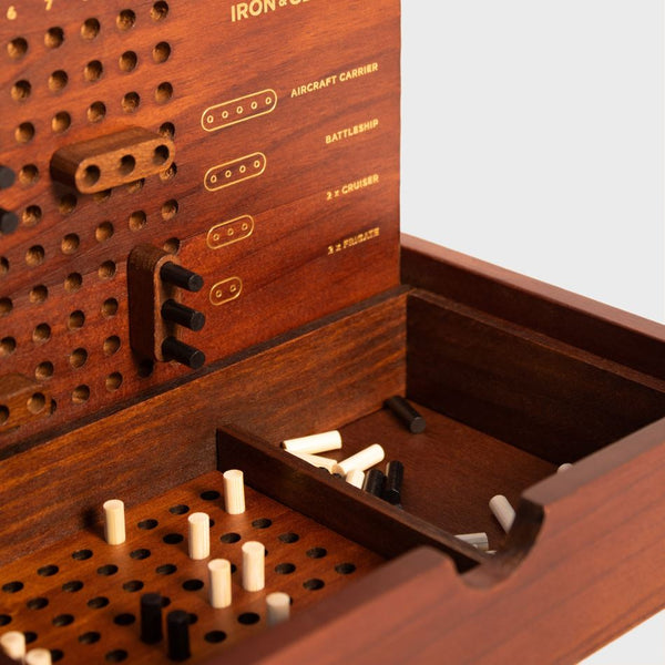 A close up of the ships and pegs inserted into the playing board
