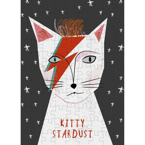 Jigsaw puzzle with a cat design inspired by David Bowie, titled 'Kitty Stardust'.