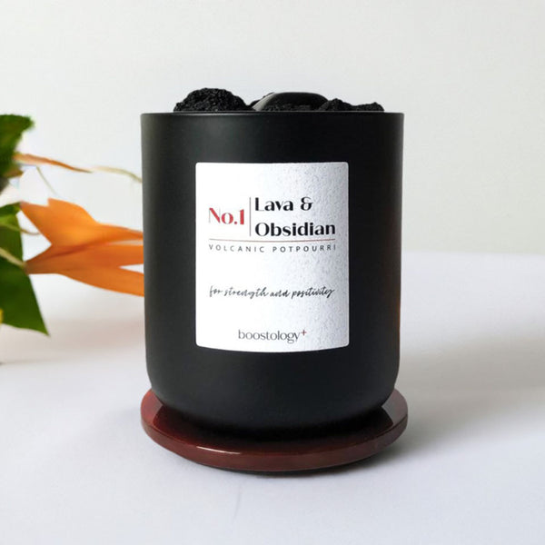 A lava rock essential oil diffuser with a plant in the background 