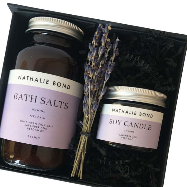 Close up of the Bath salts and candle in a gift box