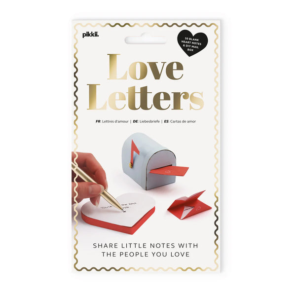 Packaging of 'Love Letters' showing heart-shaped letters and a paper mailbox on a white background.