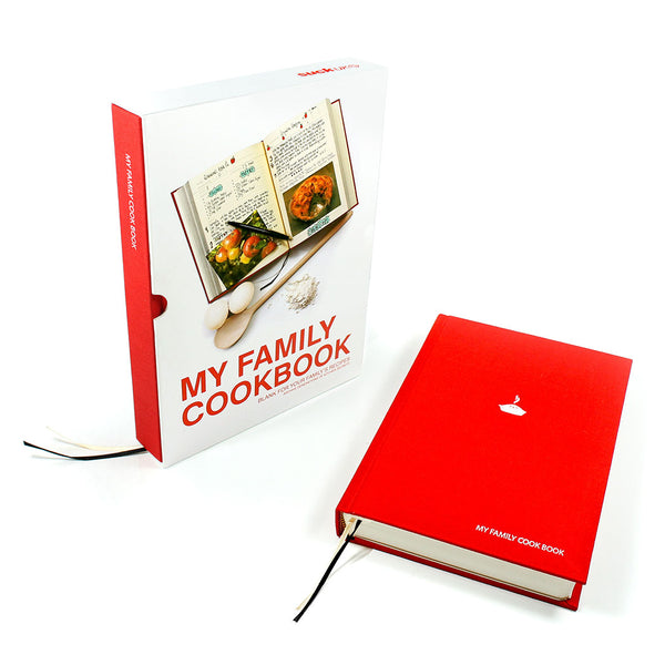 Red 'My Family Cookbook' on a white background