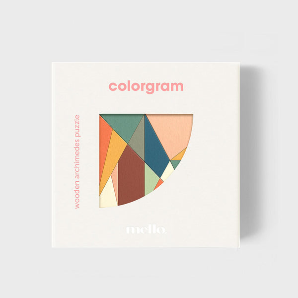 The grey packaging for a Colorgram wooden archimedes puzzle, on a white background
