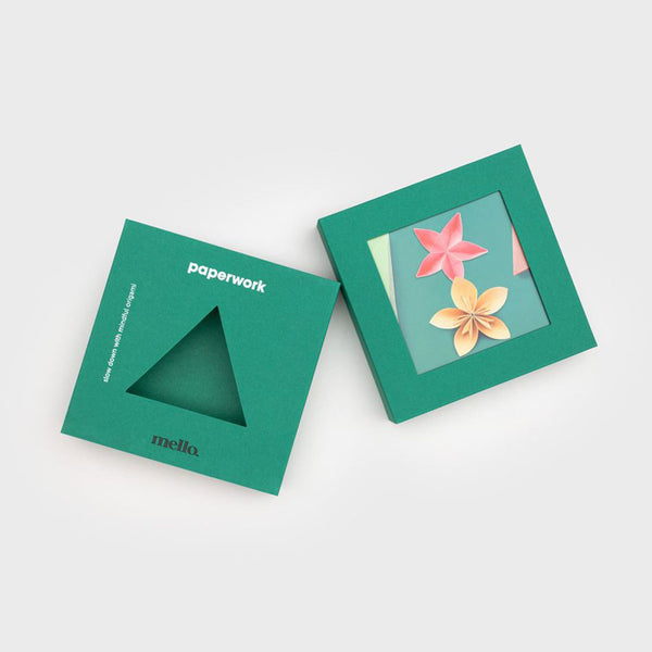 An origami kit with the lid taken off the box