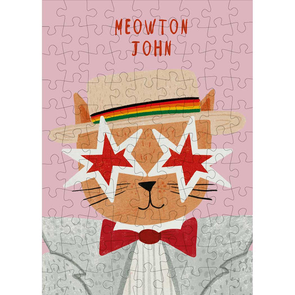 A pink, red and grey jigsaw puzzle featuring an illustration of "Meowton John"