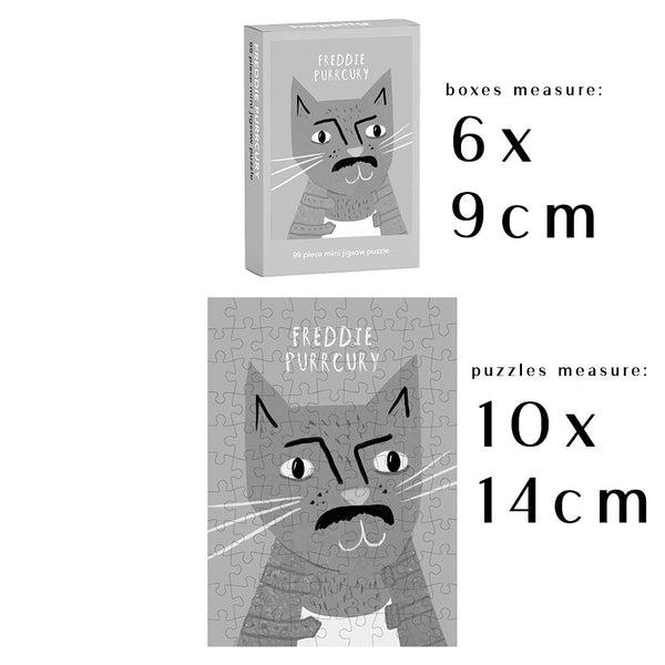 A grey cat-themed puzzle box and jigsaw with measurements of 6x9cm and 10x14cm on a white background