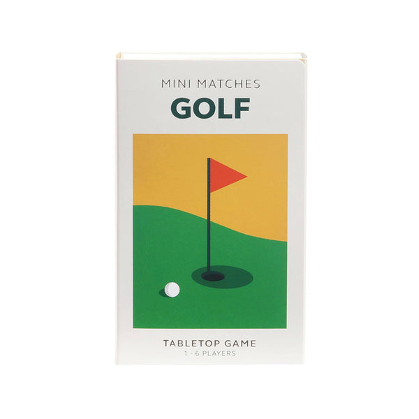 Packaging for Mini Matches golf, featuring a red flagstick and green grass design on a white background