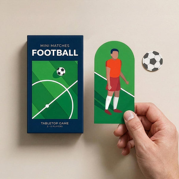 Packaging for 'Mini Matches Football' with a hand holding a card featuring a soccer player.